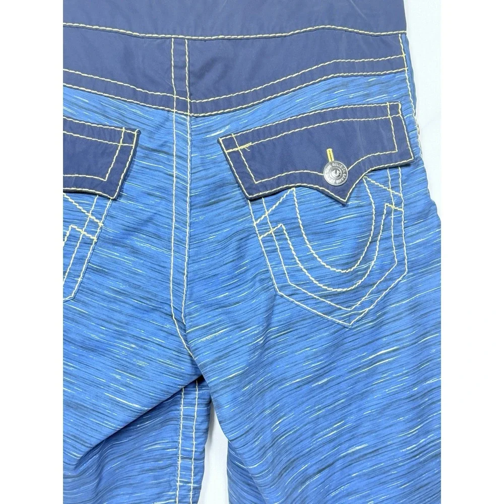 True Religion Blue Yellow Stitch Horseshoe Flap Pocket Board Swim Shorts 32